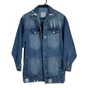 Love Tree Denim Jacket Womens Small Distressed Oversized Jean Jacket 100% Cotton